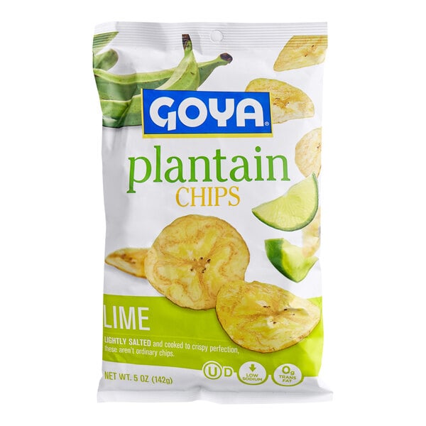 A bag of Goya lime-flavored plantain chips featuring images of plantain chips, lime wedges, and green plantains on the packaging.