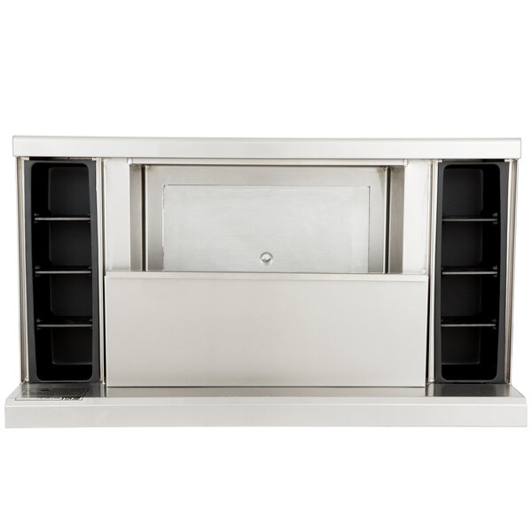 An Eagle Group stainless steel underbar ice bin with post-mix cold plate and bottle holders.