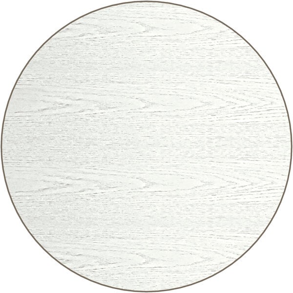 A white round table with a wooden top, featuring a white circular shape with a brown border, is shown on a white background.