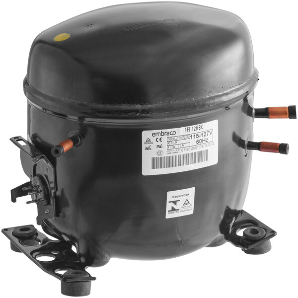 An Avantco air compressor with black and orange markings.