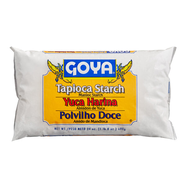 A white bag of Goya Tapioca Starch with yellow and blue text.