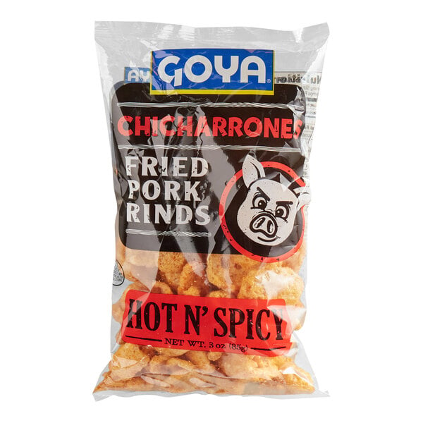 A bag of Goya Hot N' Spicy Chicharrones Fried Pork Rinds with visible pork rinds inside the clear packaging.