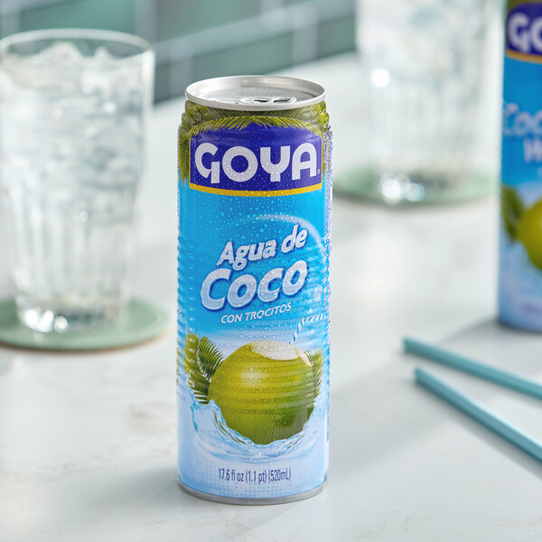 A 17.6 fl. oz. can of Goya coconut water with pulp.