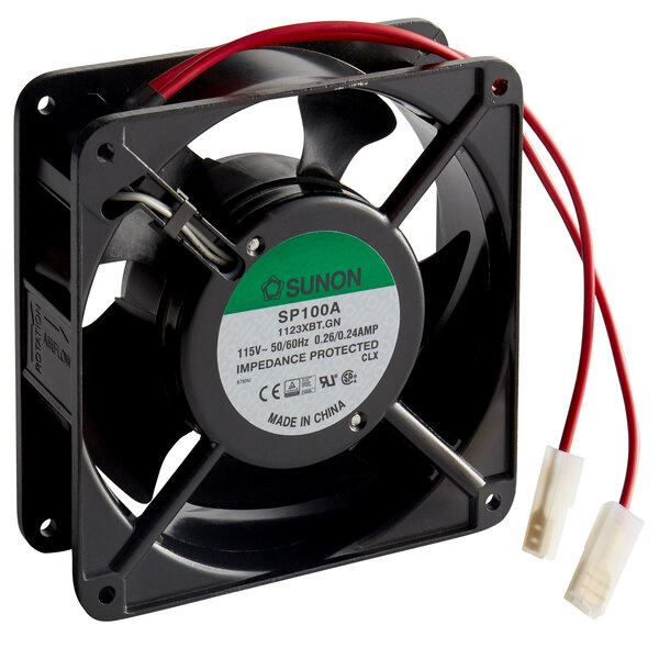 An Avantco fan motor with red wires.