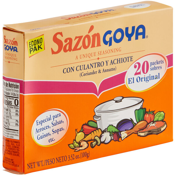 A box of 20 Goya Sazon seasoning packets.