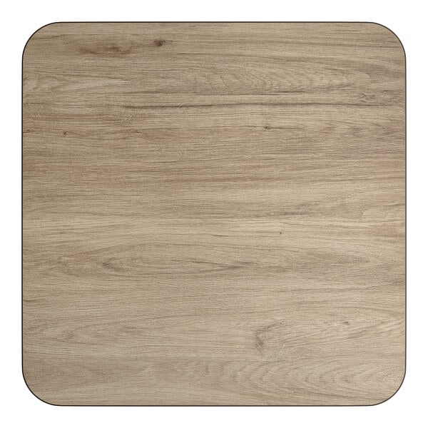 A 30-inch by 30-inch square reversible laminated table top with a white birch and ash wood grain finish.