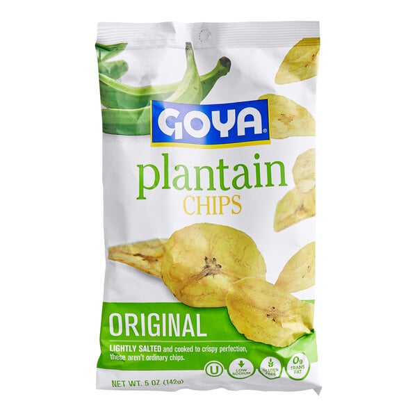 A bag of Goya original plantain chips featuring images of plantain chips and green plantains on the packaging.