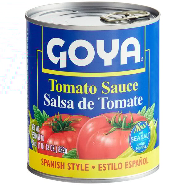 A can of Goya Spanish-Style Tomato Sauce with a white label.