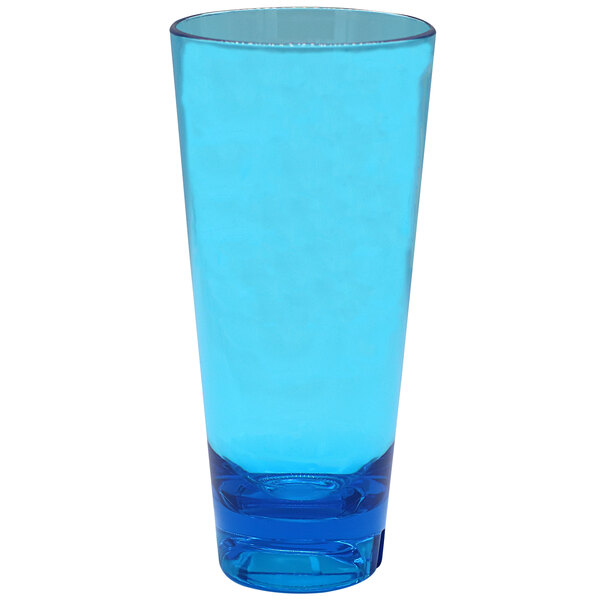 A blue plastic Arcoroc Hi Ball glass with a clear bottom.