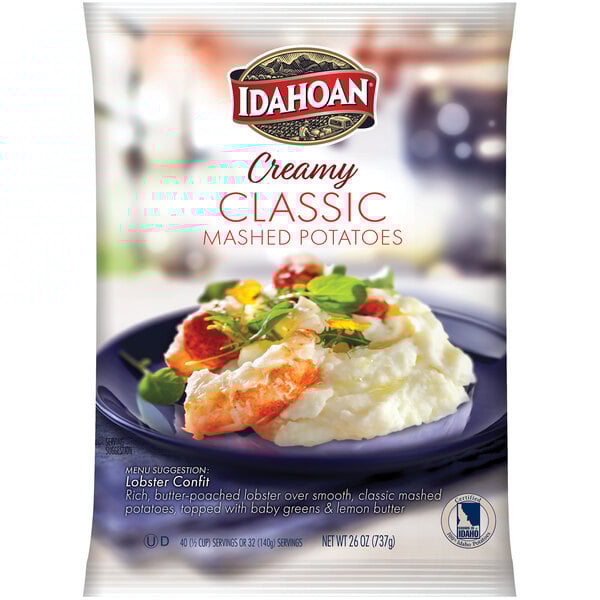 A white bag of Idahoan Creamy Classic Mashed Potatoes.