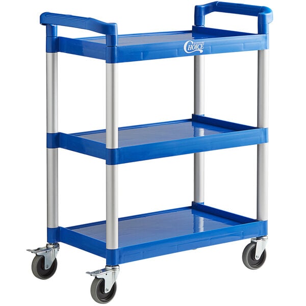 A blue utility cart with three shelves and wheels.