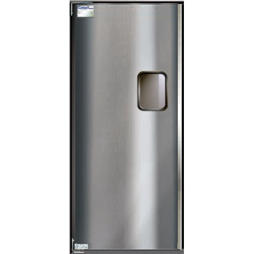 A close-up of a silver Curtron Service-Pro swinging traffic door.