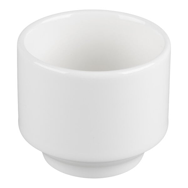 A plain, glossy white, cylindrical bowl with a slightly raised base.