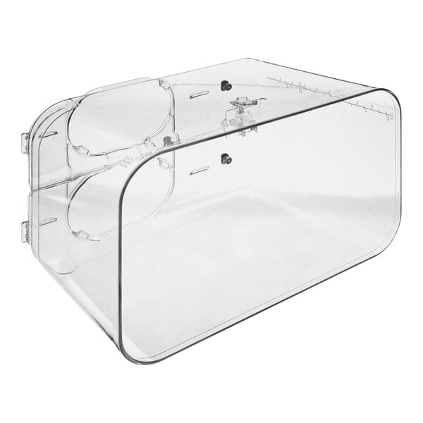 A clear plastic container with a clear lid on a white background.