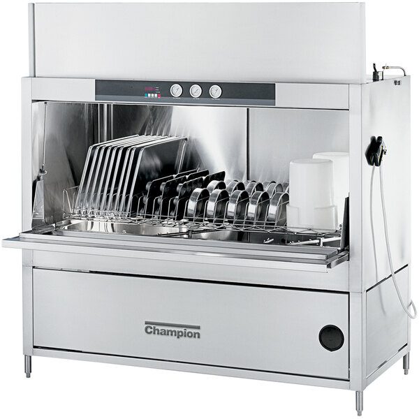 A Champion pot and pan washer machine with plates in it.