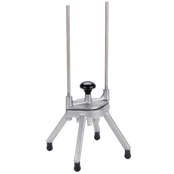 A Nemco Easy Apple Corer with two long metal poles on a metal stand.