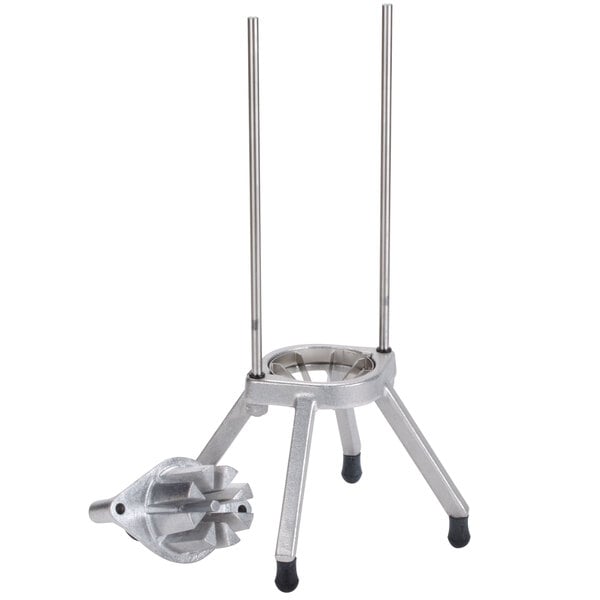 A Nemco 8 Section Easy Apple Corer with a metal cone and metal legs on a stand.