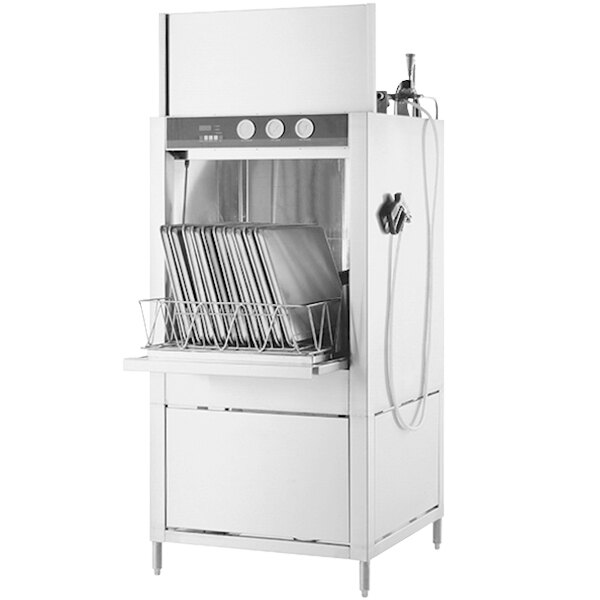 A white Champion pot and pan washer with racks full of dishes.