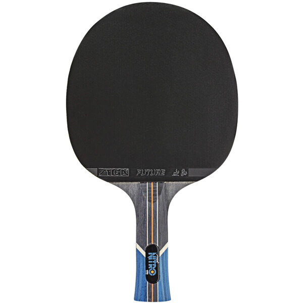 A black Stiga table tennis racket with a blue and white striped handle.