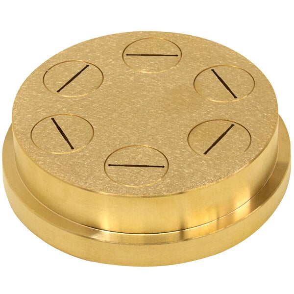 A gold circular Avancini Reginette pasta die with five holes.