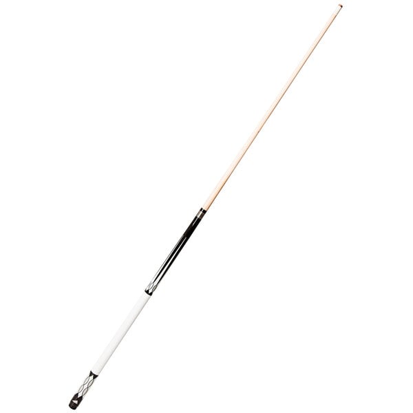 A Mizerak pool cue stick with a white and black wrapless grip.