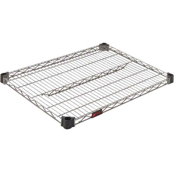 An Eagle Group gray epoxy wire shelf with black tray on top.