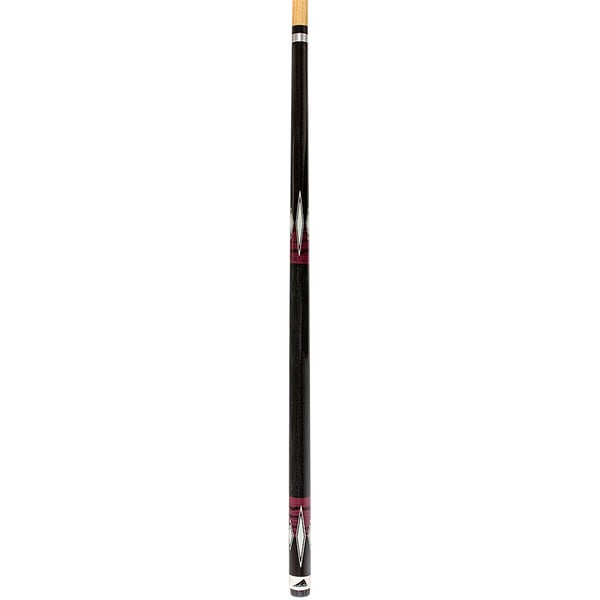 A Mizerak pool cue with a black shaft, pink handle, and white tip.
