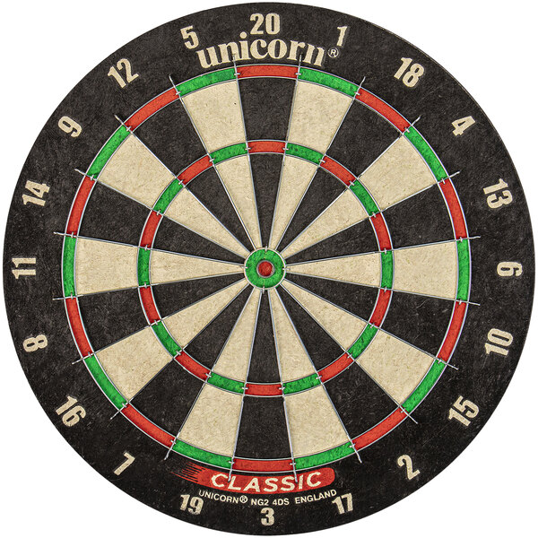 A Unicorn Classic Bristle Dartboard with numbers.