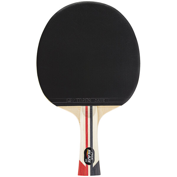 A black Stiga table tennis racket with red and white stripes.