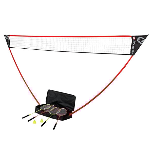 A Zume badminton net with rackets and shuttlecocks.