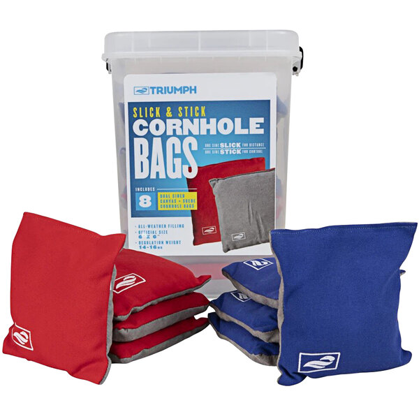 A plastic container of blue and red Triumph Slick n' Stick cornhole bags.