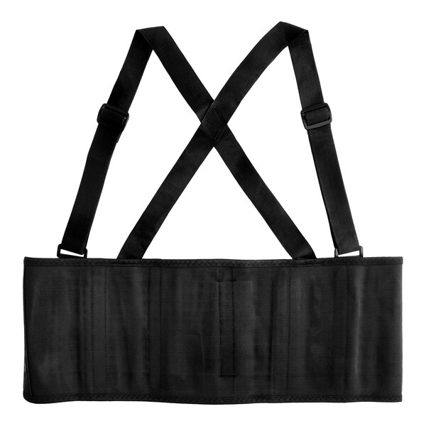 A black back support belt with adjustable shoulder straps in size XXL.