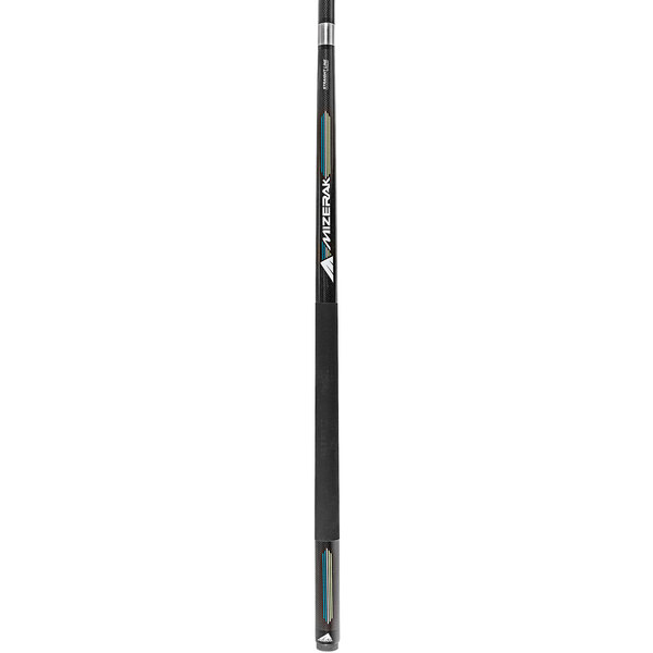 A black and white pool stick with a blue handle.