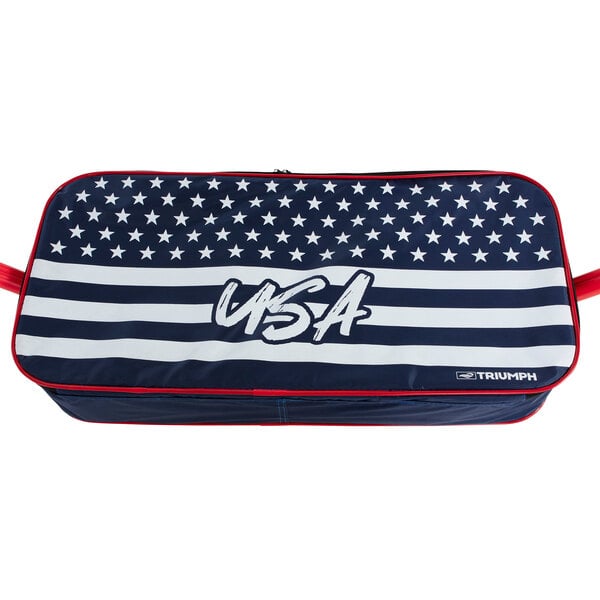 A blue and white striped bag with white stars and the USA flag on it.