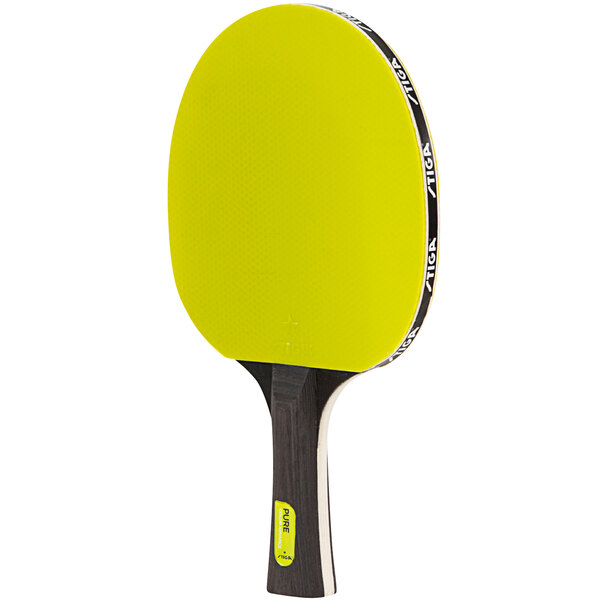 A yellow Stiga ping pong paddle with a black handle.