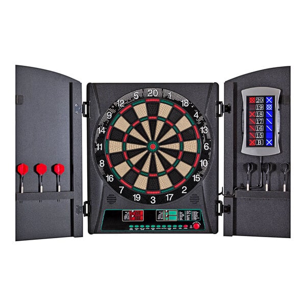 An Arachnid Cricket Maxx 1.0 electronic dartboard with darts in it.