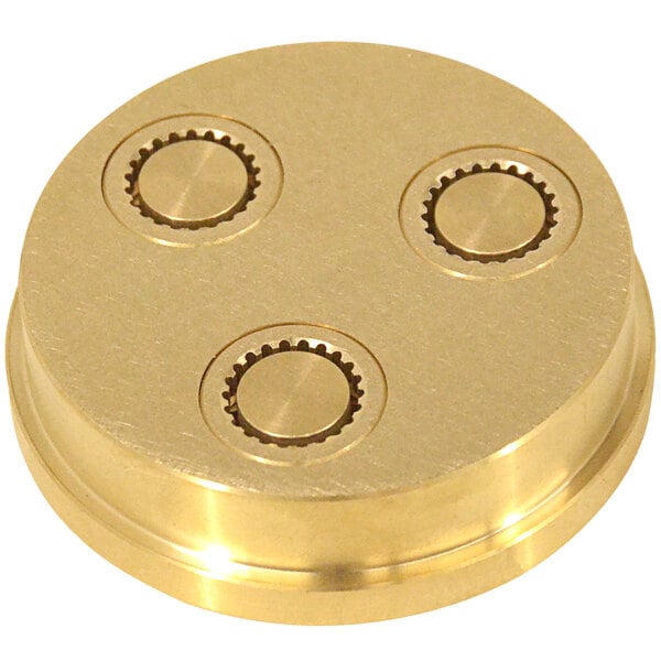 a gold circular object with three gears