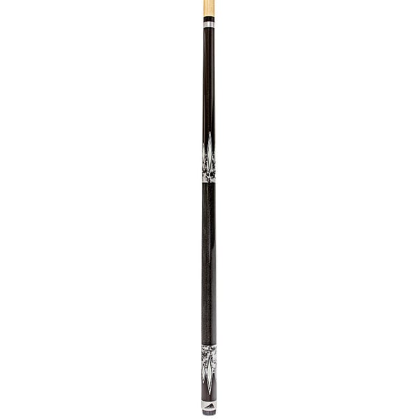 A black and silver Mizerak pool cue with a white background.