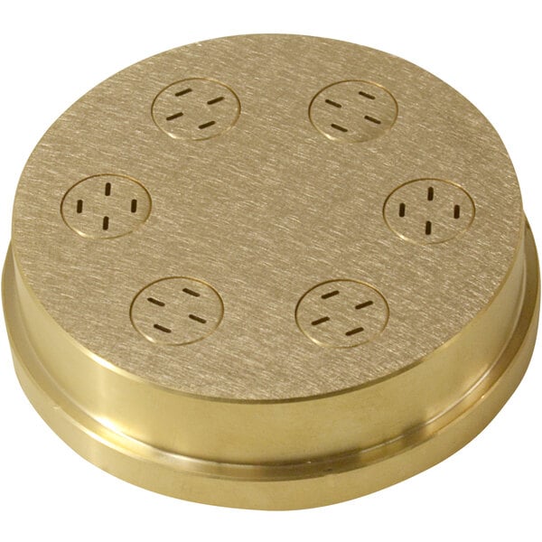 A circular brass Avancini Tagliatelle pasta die with holes in it.