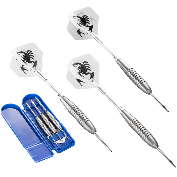 A Unicorn Steel-Tipped Dart Set with three darts in a blue case.