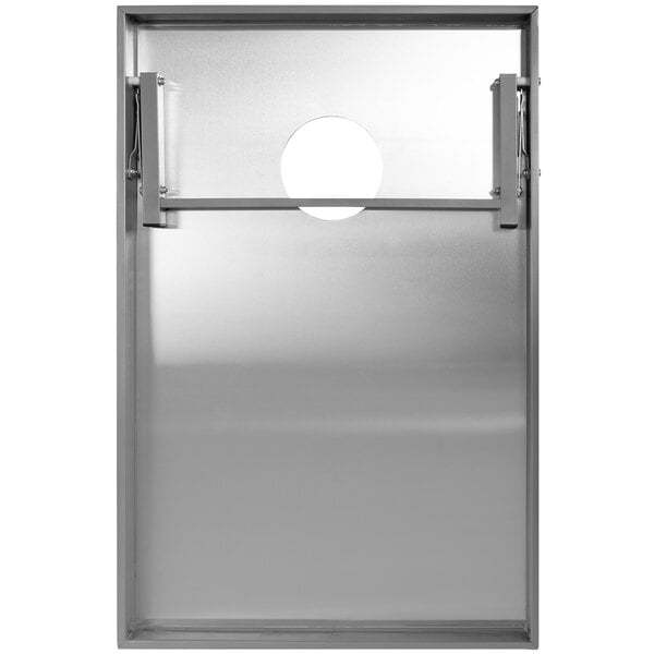 A metal door with a hole in the middle and a white circle with a black border.