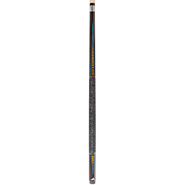 A close up of a Mizerak pool cue with a blue stripe on it.