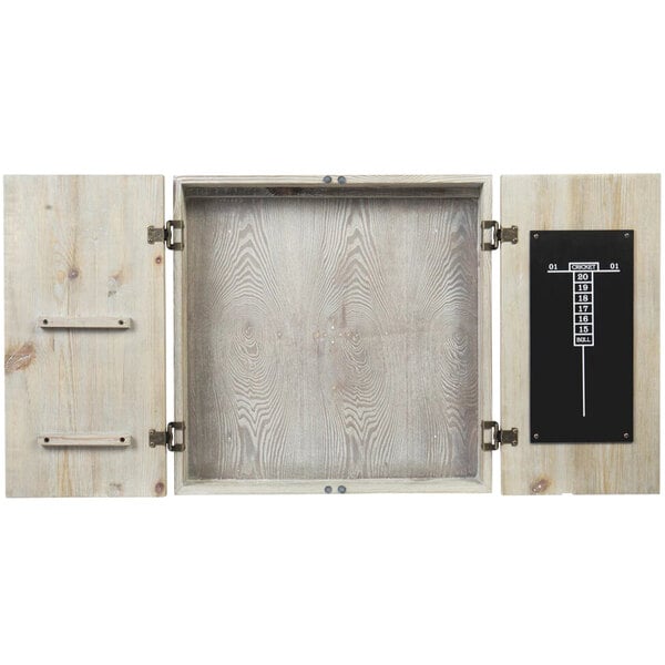 A wood box with a wood grain pattern and a rectangular metal door with a black handle.