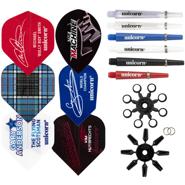 A Unicorn Dart repair kit with various colored darts and a black and white logo.