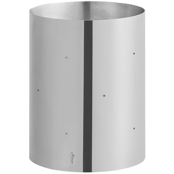A stainless steel cylinder with holes.