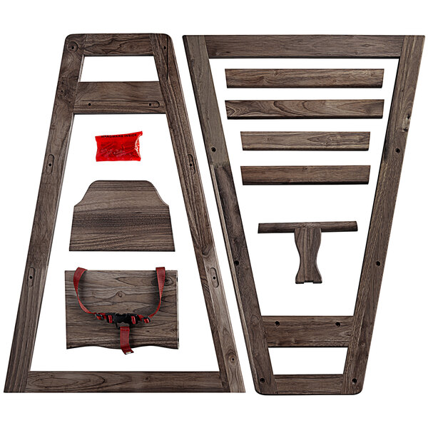 A group of wood pieces for a Lancaster Table & Seating unassembled wooden high chair.