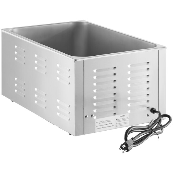 A rectangular stainless steel container with a black cord attached.