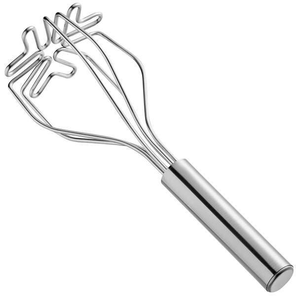 A Fox Run stainless steel 2-in-1 round-faced potato masher and mixer with a handle.