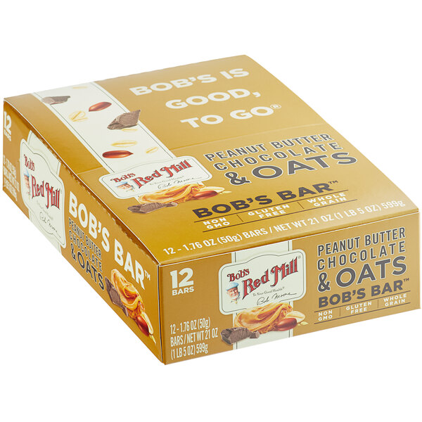 A box of 144 Bob's Red Mill Peanut Butter Chocolate & Oats Bars.