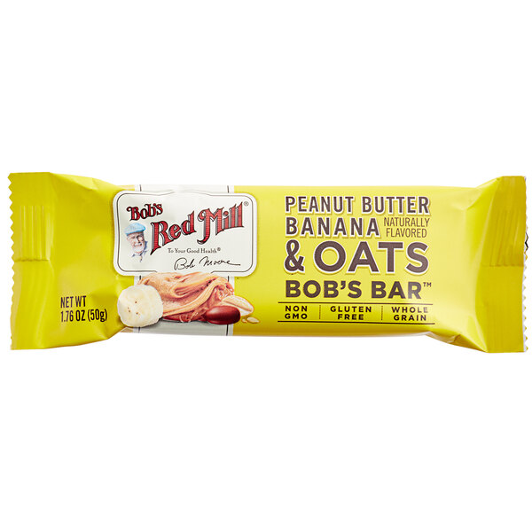 A yellow and white package of Bob's Red Mill Peanut Butter Banana & Oats Bar.